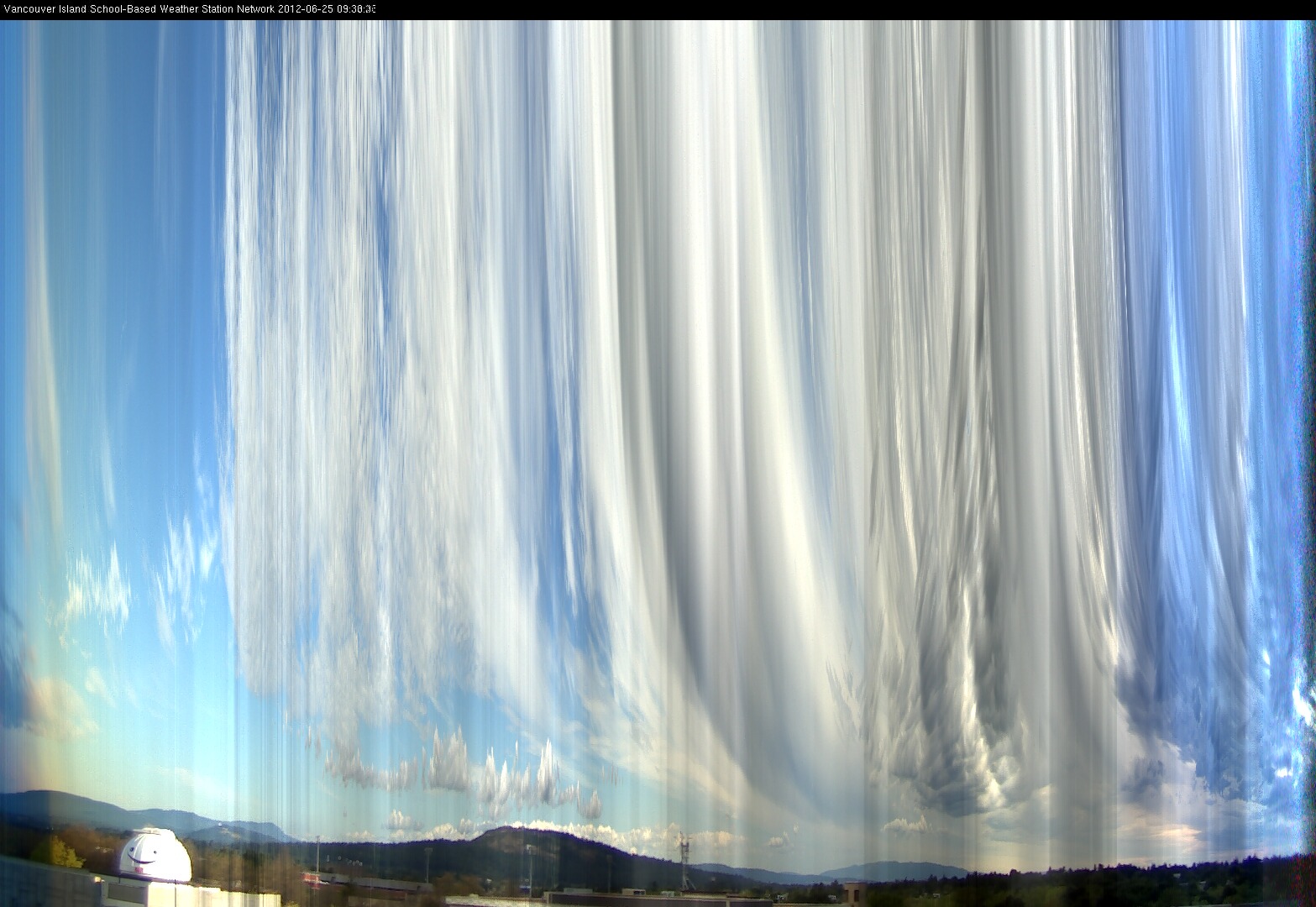 image of the sky seen from UVic, each column of pixels is a different minute, keogram