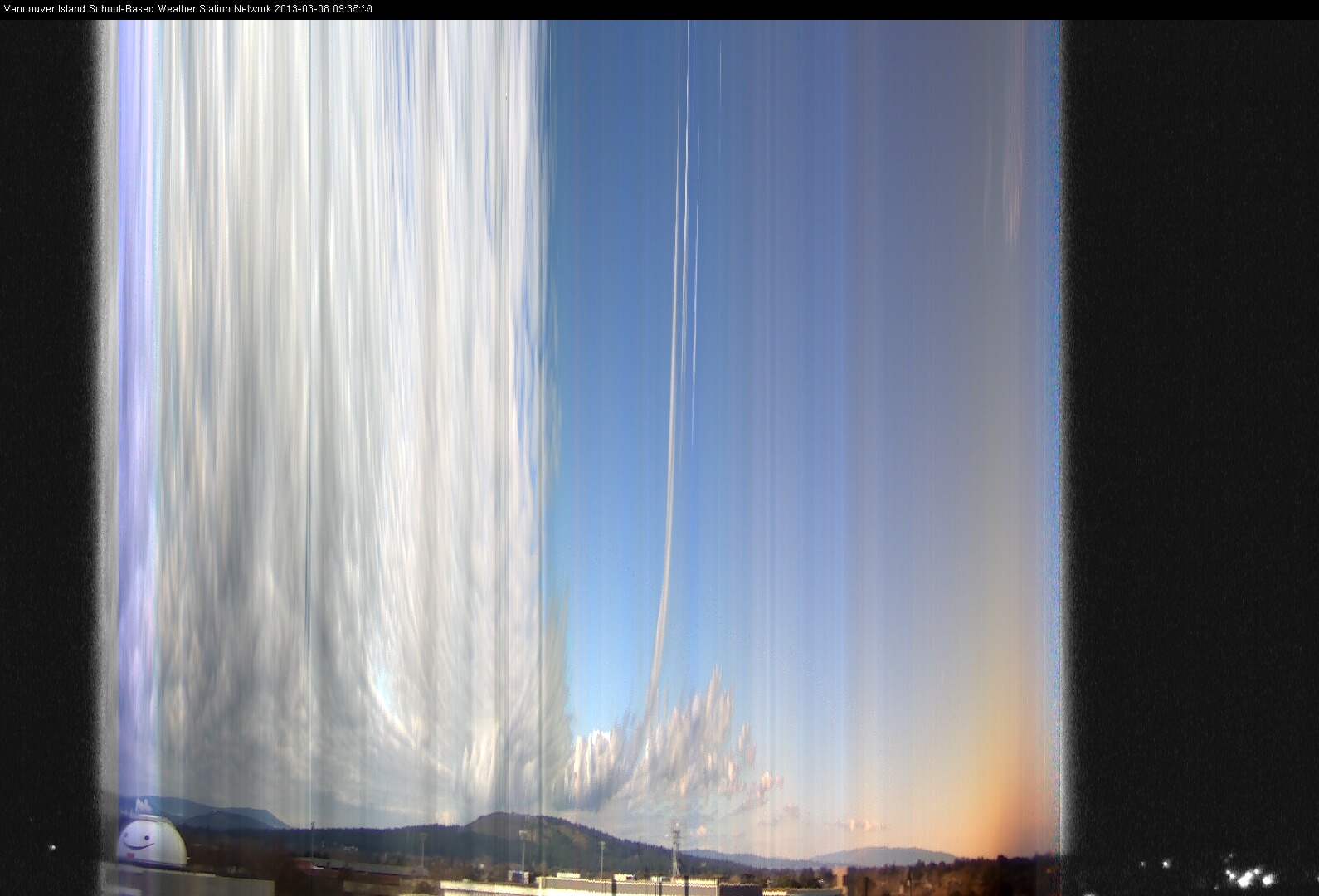 image of the sky seen from UVic, each column of pixels is a different minute, keogram