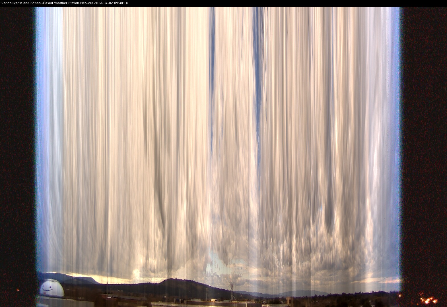 image of the sky seen from UVic, each column of pixels is a different minute, keogram