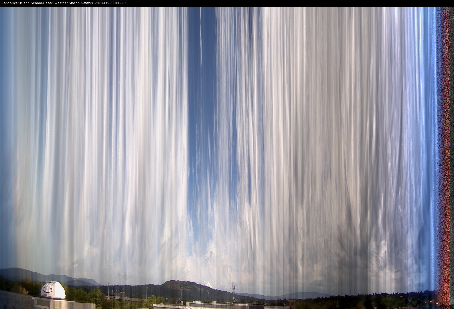 image of the sky seen from UVic, each column of pixels is a different minute, keogram