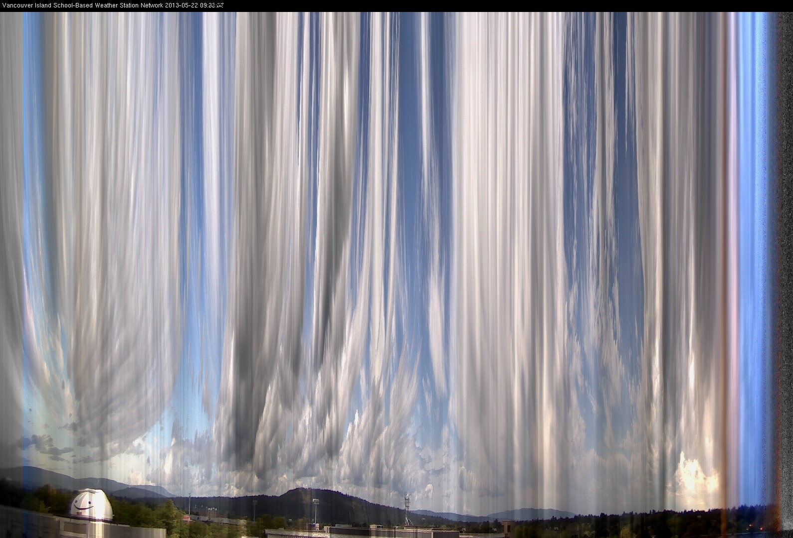 image of the sky seen from UVic, each column of pixels is a different minute, keogram