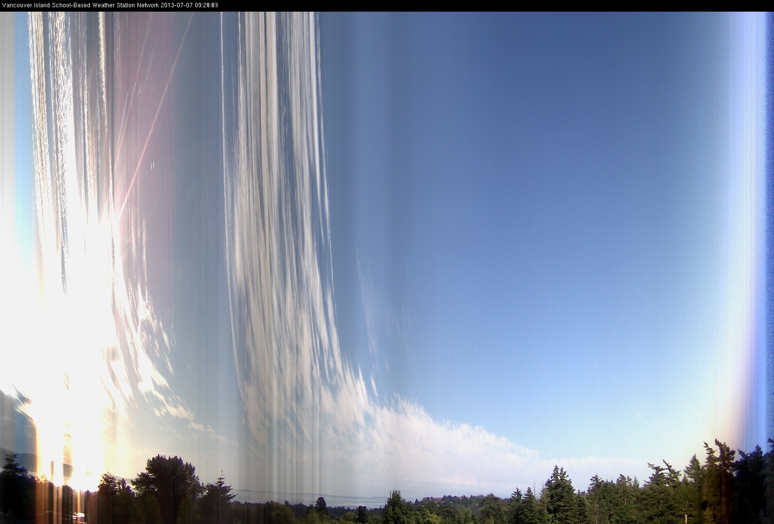 image of the sky seen from UVic, each column of pixels is a different minute, keogram