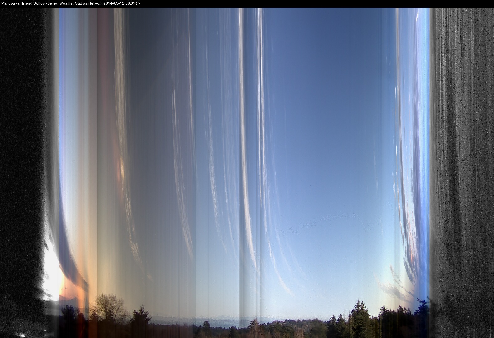 image of the sky seen from UVic, each column of pixels is a different minute, keogram