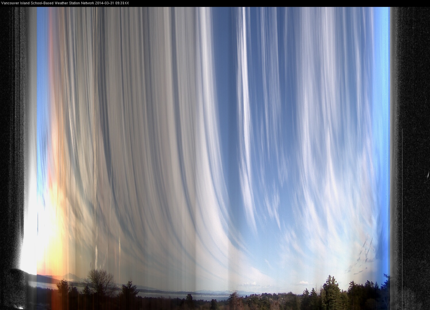 image of the sky seen from UVic, each column of pixels is a different minute, keogram
