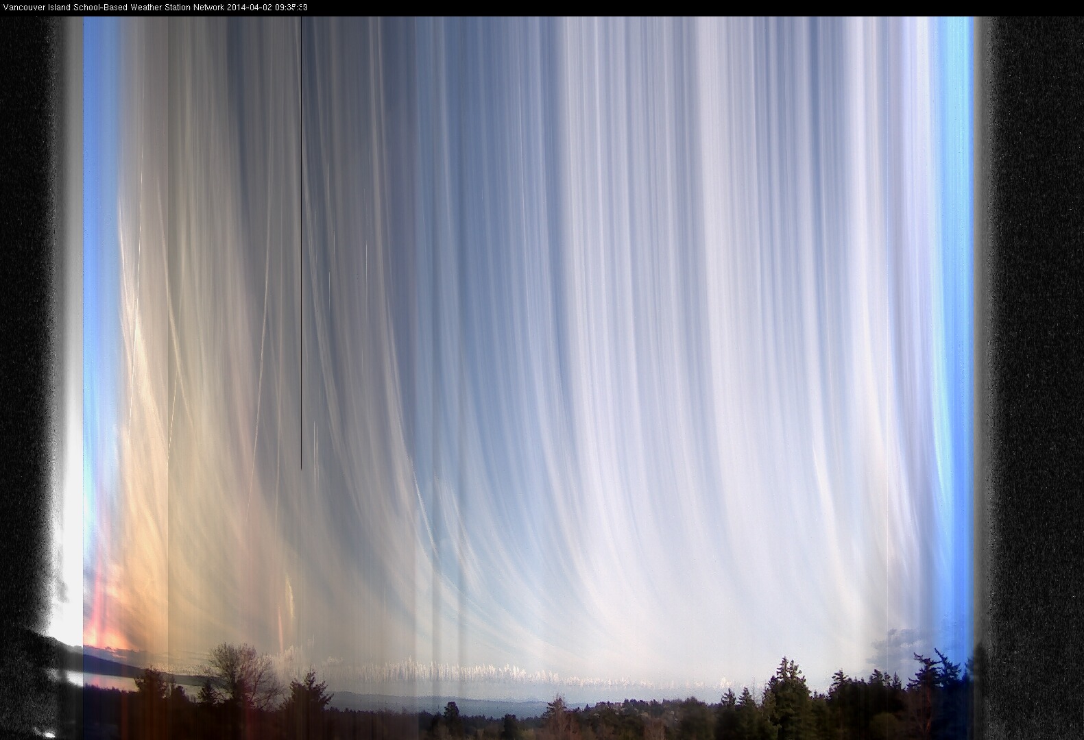 image of the sky seen from UVic, each column of pixels is a different minute, keogram