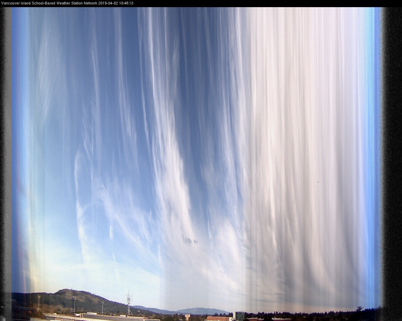 image of the sky seen from UVic, each column of pixels is a different minute, keogram