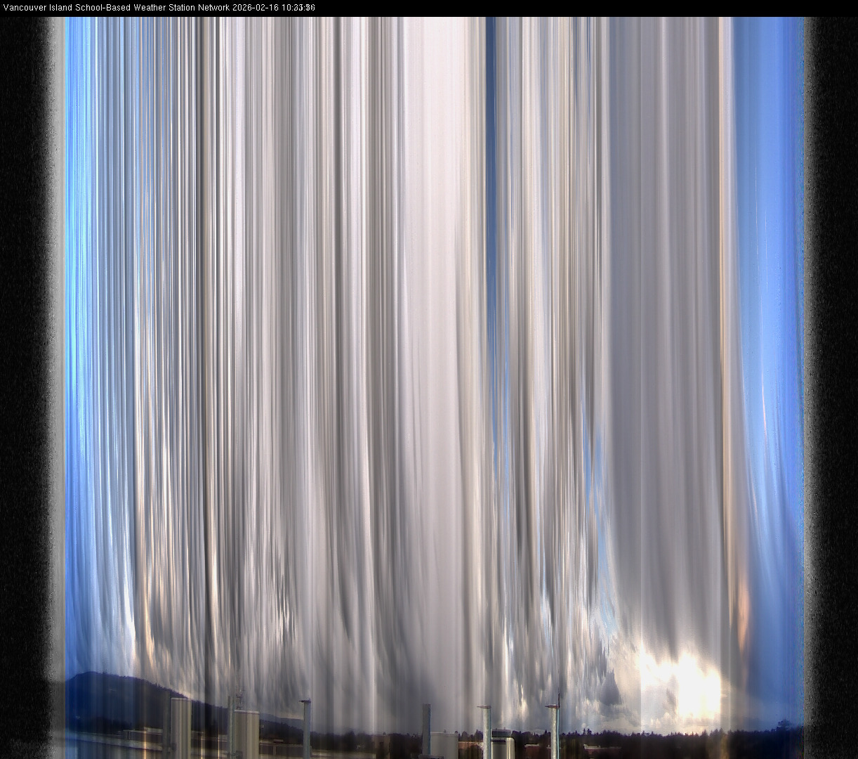 2026-02-16 image of the sky seen from UVic, each column of pixels is a different minute, keogram